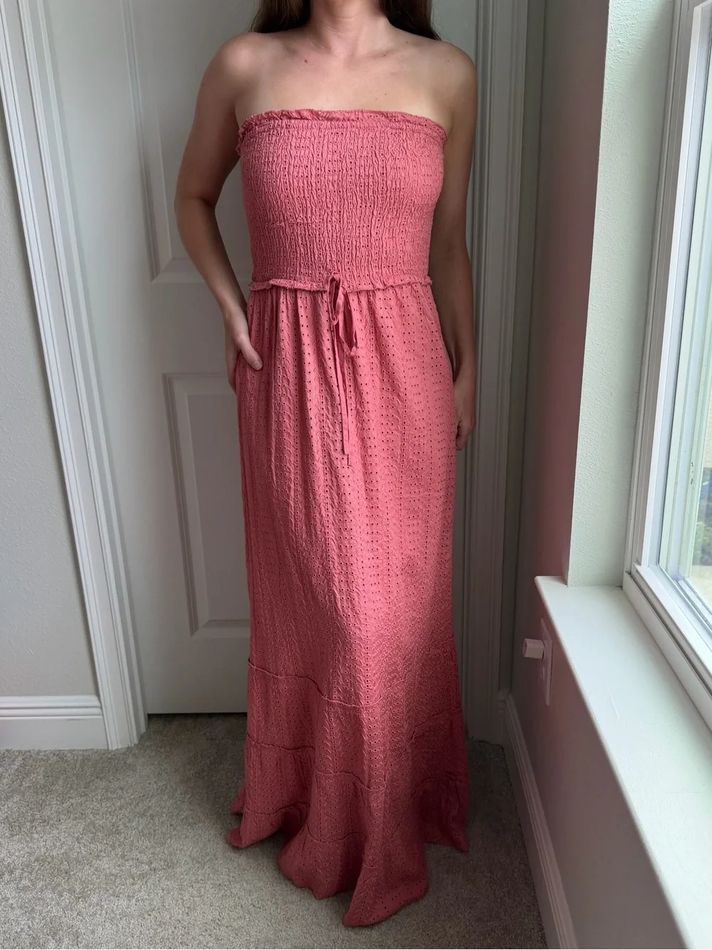 JESSICA SIMPSON Strapless Smocked Maxi Dress in Dusty Rose